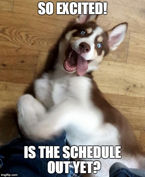 puppy | SO EXCITED! IS THE SCHEDULE OUT YET? | image tagged in puppy | made w/ Imgflip meme maker