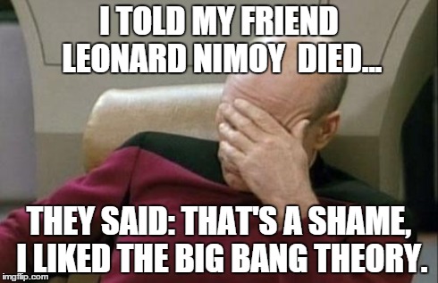 I hate my friends. | I TOLD MY FRIEND LEONARD NIMOY  DIED... THEY SAID: THAT'S A SHAME, I LIKED THE BIG BANG THEORY. | image tagged in memes,captain picard facepalm,spock,big bang theory,special kind of stupid | made w/ Imgflip meme maker