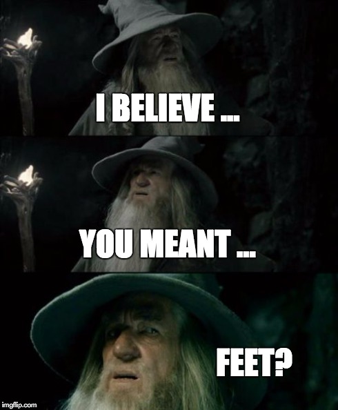 Confused Gandalf Meme | I BELIEVE ... YOU MEANT ... FEET? | image tagged in memes,confused gandalf | made w/ Imgflip meme maker