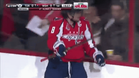Alex Ovechkin wipes out during goal celebration