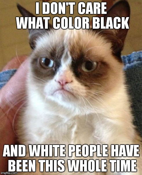 Grumpy Cat Meme | I DON'T CARE WHAT COLOR BLACK AND WHITE PEOPLE HAVE BEEN THIS WHOLE TIME | image tagged in memes,grumpy cat | made w/ Imgflip meme maker