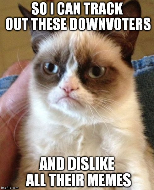 Grumpy Cat Meme | SO I CAN TRACK OUT THESE DOWNVOTERS AND DISLIKE ALL THEIR MEMES | image tagged in memes,grumpy cat | made w/ Imgflip meme maker