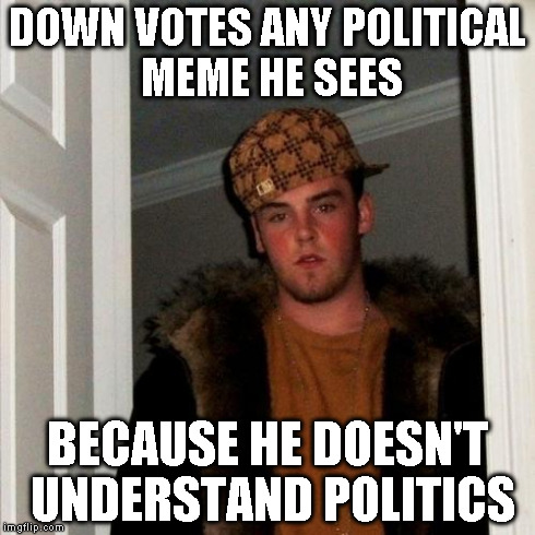 I really think there are people who do this | DOWN VOTES ANY POLITICAL MEME HE SEES BECAUSE HE DOESN'T UNDERSTAND POLITICS | image tagged in memes,scumbag steve | made w/ Imgflip meme maker