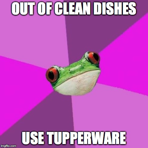 Foul Bachelorette Frog | OUT OF CLEAN DISHES USE TUPPERWARE | image tagged in memes,foul bachelorette frog,AdviceAnimals | made w/ Imgflip meme maker