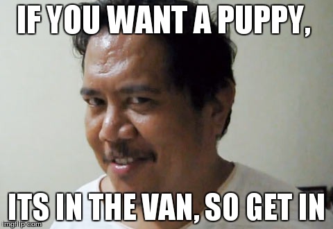 Creepy Man | IF YOU WANT A PUPPY, ITS IN THE VAN, SO GET IN | image tagged in creepy guy,creepy,kiddnapper,criminal | made w/ Imgflip meme maker