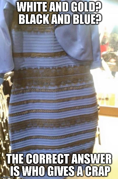 Blue gold dress | WHITE AND GOLD? BLACK AND BLUE? THE CORRECT ANSWER IS WHO GIVES A CRAP | image tagged in blue gold dress | made w/ Imgflip meme maker