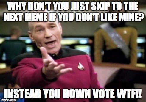 Picard Wtf Meme | WHY DON'T YOU JUST SKIP TO THE NEXT MEME IF YOU DON'T LIKE MINE? INSTEAD YOU DOWN VOTE WTF!! | image tagged in memes,picard wtf | made w/ Imgflip meme maker
