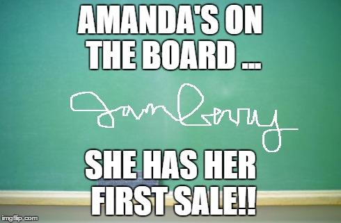 blank chalkboard | AMANDA'SON THE BOARD... SHE HAS HER FIRST SALE!! | image tagged in blank chalkboard | made w/ Imgflip meme maker