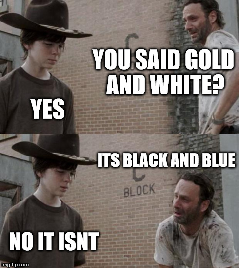 Rick and Carl Meme | YOU SAID GOLD AND WHITE? YES ITS BLACK AND BLUE NO IT ISNT | image tagged in memes,rick and carl | made w/ Imgflip meme maker