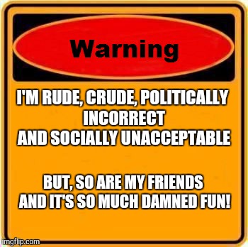 Warning Sign Meme | I'M RUDE, CRUDE, POLITICALLY INCORRECT AND SOCIALLY UNACCEPTABLE BUT, SO ARE MY FRIENDS AND IT'S SO MUCH DAMNED FUN! | image tagged in memes,warning sign | made w/ Imgflip meme maker