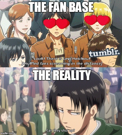 every attack on titan fanbase ever | THE FAN BASE THE REALITY | image tagged in snk,aot,attack on titan,shingeki no kyojin | made w/ Imgflip meme maker