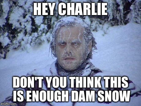 Jack Nicholson The Shining Snow | HEY CHARLIE DON'T YOU THINK THIS IS ENOUGH DAM SNOW | image tagged in memes,jack nicholson the shining snow | made w/ Imgflip meme maker