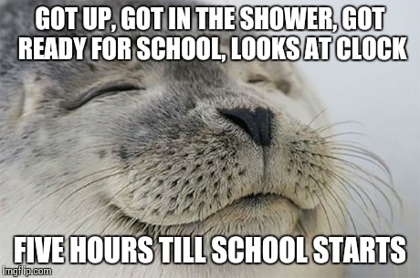 Satisfied Seal | GOT UP, GOT IN THE SHOWER, GOT READY FOR SCHOOL, LOOKS AT CLOCK FIVE HOURS TILL SCHOOL STARTS | image tagged in memes,satisfied seal | made w/ Imgflip meme maker