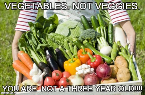 Talk like a grownup!!! Please!!!! | VEGETABLES. NOT VEGGIES. YOU ARE  NOT A THREE YEAR OLD!!!! | image tagged in vegetables | made w/ Imgflip meme maker