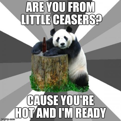 Don't think too hard | ARE YOU FROM LITTLE CEASERS? CAUSE YOU'RE HOT AND I'M READY | image tagged in memes,pickup line panda | made w/ Imgflip meme maker