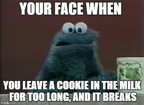 YOUR FACE WHEN YOU LEAVE A COOKIE IN THE MILK FOR TOO LONG, AND IT BREAKS | image tagged in cookie sad | made w/ Imgflip meme maker