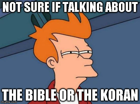 Futurama Fry Meme | NOT SURE IF TALKING ABOUT THE BIBLE OR THE KORAN | image tagged in memes,futurama fry | made w/ Imgflip meme maker