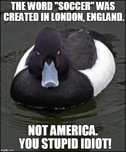 hi res angry advice mallard | THE WORD "SOCCER" WAS CREATED IN LONDON, ENGLAND. NOT AMERICA.  YOU STUPID IDIOT! | image tagged in hi res angry advice mallard | made w/ Imgflip meme maker