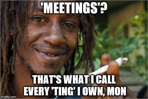 How to speak Jamaican | 'MEETINGS'? THAT'S WHAT I CALL EVERY 'TING' I OWN, MON | image tagged in jamaican | made w/ Imgflip meme maker