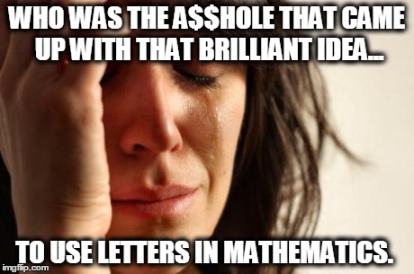 First World Problems Meme | WHO WAS THE A$$HOLE THAT CAME UP WITH THAT BRILLIANT IDEA... TO USE LETTERS IN MATHEMATICS. | image tagged in memes,first world problems | made w/ Imgflip meme maker