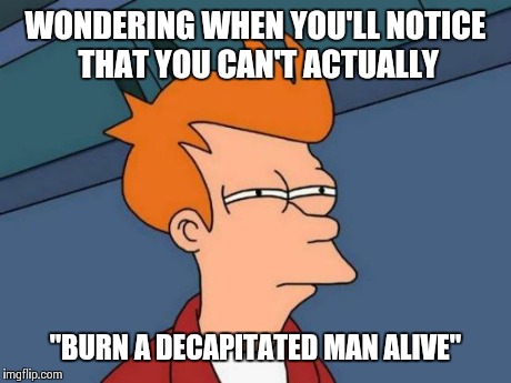 Futurama Fry Meme | WONDERING WHEN YOU'LL NOTICE THAT YOU CAN'T ACTUALLY "BURN A DECAPITATED MAN ALIVE" | image tagged in memes,futurama fry | made w/ Imgflip meme maker