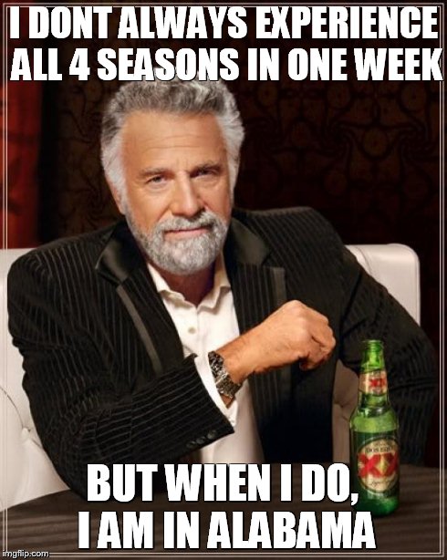 The Most Interesting Man In The World | I DONT ALWAYS EXPERIENCE ALL 4 SEASONS IN ONE WEEK BUT WHEN I DO, I AM IN ALABAMA | image tagged in memes,the most interesting man in the world | made w/ Imgflip meme maker