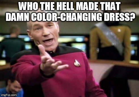 There must be a reason why people can't agree as to what its color is. | WHO THE HELL MADE THAT DAMN COLOR-CHANGING DRESS? | image tagged in memes,picard wtf | made w/ Imgflip meme maker