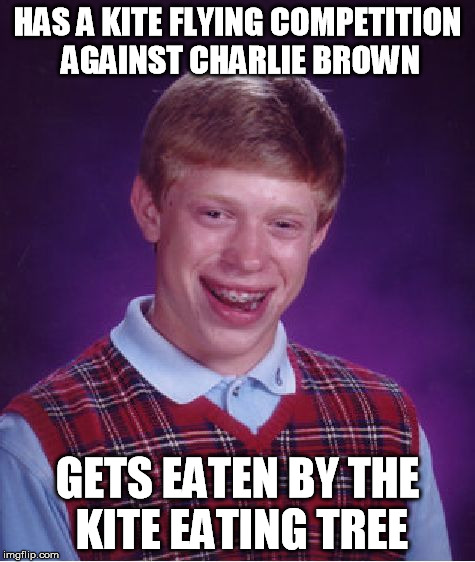 Bad Luck Brian Meme | HAS A KITE FLYING COMPETITION AGAINST CHARLIE BROWN GETS EATEN BY THE KITE EATING TREE | image tagged in memes,bad luck brian | made w/ Imgflip meme maker
