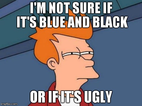 Futurama Fry | I'M NOT SURE IF IT'S BLUE AND BLACK OR IF IT'S UGLY | image tagged in memes,futurama fry | made w/ Imgflip meme maker