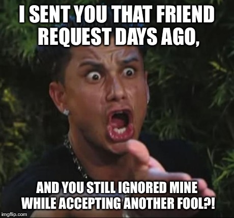 Literally my crush just ignored mine... | I SENT YOU THAT FRIEND REQUEST DAYS AGO, AND YOU STILL IGNORED MINE WHILE ACCEPTING ANOTHER FOOL?! | image tagged in memes,dj pauly d | made w/ Imgflip meme maker