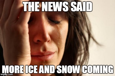 First World Problems Meme | THE NEWS SAID MORE ICE AND SNOW COMING | image tagged in memes,first world problems | made w/ Imgflip meme maker