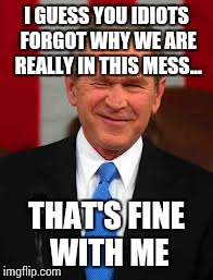 George Bush Meme | I GUESS YOU IDIOTS FORGOT WHY WE ARE REALLY IN THIS MESS... THAT'S FINE WITH ME | image tagged in memes,george bush | made w/ Imgflip meme maker