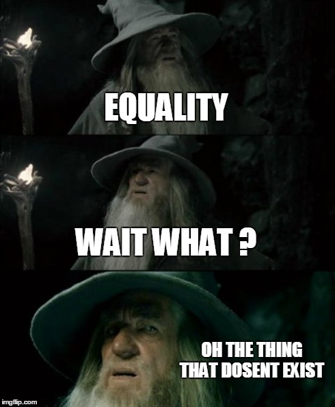 Confused Gandalf Meme | EQUALITY WAIT WHAT ? OH THE THING THAT DOSENT EXIST | image tagged in memes,confused gandalf | made w/ Imgflip meme maker