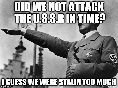 hitler | DID WE NOT ATTACK THE U.S.S.R IN TIME? I GUESS WE WERE STALIN TOO MUCH | image tagged in hitler | made w/ Imgflip meme maker