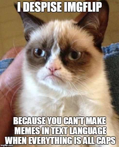 Grumpy Cat | I DESPISE IMGFLIP BECAUSE YOU CAN'T MAKE MEMES IN TEXT LANGUAGE WHEN EVERYTHING IS ALL CAPS | image tagged in memes,grumpy cat | made w/ Imgflip meme maker