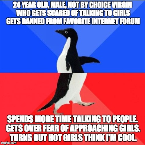 Socially Awkward Awesome Penguin Meme | 24 YEAR OLD, MALE, NOT BY CHOICE VIRGIN WHO GETS SCARED OF TALKING TO GIRLS GETS BANNED FROM FAVORITE INTERNET FORUM SPENDS MORE TIME TALKIN | image tagged in memes,socially awkward awesome penguin | made w/ Imgflip meme maker
