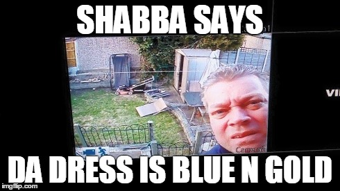 SHABBA SAYS DA DRESS IS BLUE N GOLD | image tagged in sheltering suburban mom | made w/ Imgflip meme maker