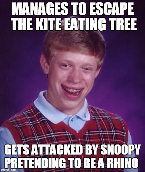 Bad Luck Brian Meme | MANAGES TO ESCAPE THE KITE EATING TREE GETS ATTACKED BY SNOOPY PRETENDING TO BE A RHINO | image tagged in memes,bad luck brian | made w/ Imgflip meme maker