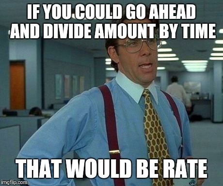 That Would Be Great Meme | IF YOU COULD GO AHEAD AND DIVIDE AMOUNT BY TIME THAT WOULD BE RATE | image tagged in memes,that would be great,math,science,bill lumbergh | made w/ Imgflip meme maker