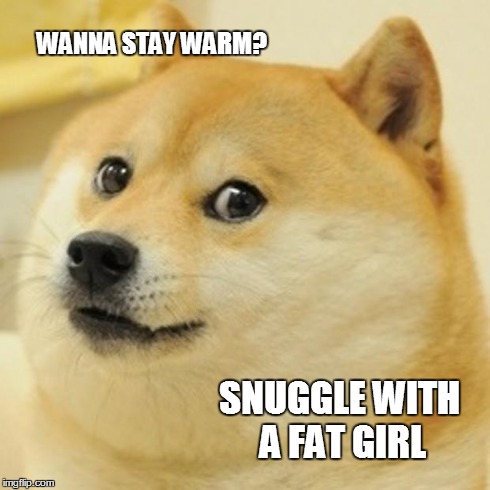 Doge Meme | WANNA STAY WARM? SNUGGLE WITH A FAT GIRL | image tagged in memes,doge | made w/ Imgflip meme maker