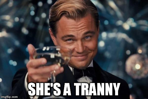 Leonardo Dicaprio Cheers Meme | SHE'S A TRANNY | image tagged in memes,leonardo dicaprio cheers | made w/ Imgflip meme maker