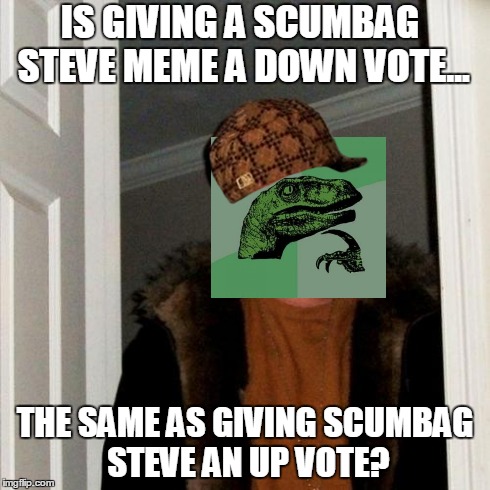 Scumbag Steve | IS GIVING A SCUMBAG STEVE MEME A DOWN VOTE... THE SAME AS GIVING SCUMBAG STEVE AN UP VOTE? | image tagged in memes,scumbag steve,scumbag,philosoraptor | made w/ Imgflip meme maker