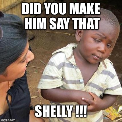 Third World Skeptical Kid Meme | DID YOU MAKE HIM SAY THAT SHELLY !!! | image tagged in memes,third world skeptical kid | made w/ Imgflip meme maker