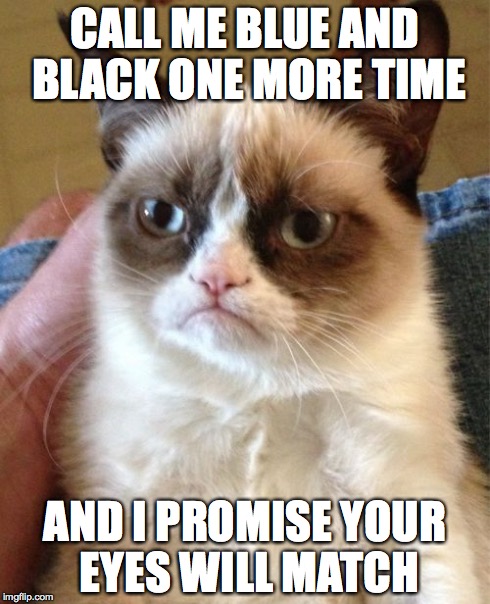 Grumpy Cat | CALL ME BLUE AND BLACK ONE MORE TIME AND I PROMISE YOUR EYES WILL MATCH | image tagged in memes,grumpy cat | made w/ Imgflip meme maker