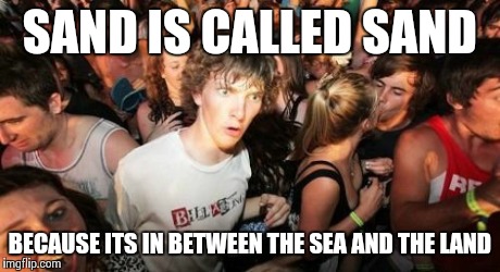 Sudden Clarity Clarence Meme | SAND IS CALLED SAND BECAUSE ITS IN BETWEEN THE SEA AND THE LAND | image tagged in memes,sudden clarity clarence,AdviceAnimals | made w/ Imgflip meme maker