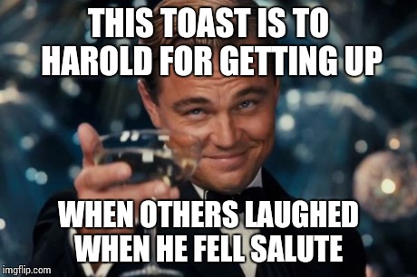 Leonardo Dicaprio Cheers Meme | THIS TOAST IS TO HAROLD FOR GETTING UP WHEN OTHERS LAUGHED WHEN HE FELL SALUTE | image tagged in memes,leonardo dicaprio cheers | made w/ Imgflip meme maker