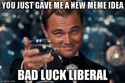 Leonardo Dicaprio Cheers Meme | YOU JUST GAVE ME A NEW MEME IDEA BAD LUCK LIBERAL | image tagged in memes,leonardo dicaprio cheers | made w/ Imgflip meme maker