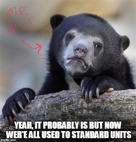 Confession Bear Meme | YEAH, IT PROBABLY IS BUT NOW WER'E ALL USED TO STANDARD UNITS | image tagged in memes,confession bear | made w/ Imgflip meme maker