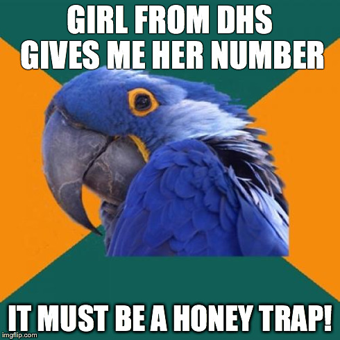 Paranoid Parrot Meme | GIRL FROM DHS GIVES ME HER NUMBER IT MUST BE A HONEY TRAP! | image tagged in memes,paranoid parrot,libertarianmeme | made w/ Imgflip meme maker