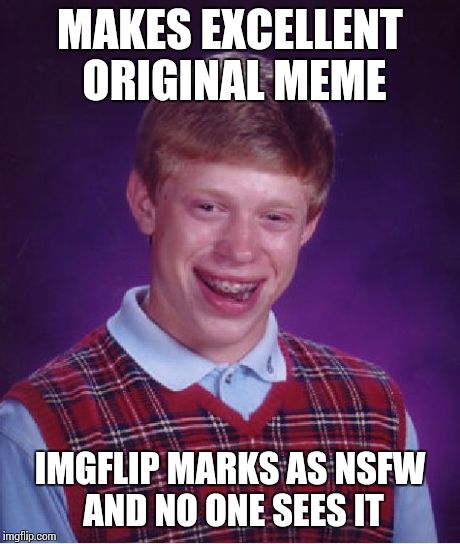 There wasn't anything that would qualify as NSFW | MAKES EXCELLENT ORIGINAL MEME IMGFLIP MARKS AS NSFW AND NO ONE SEES IT | image tagged in memes,bad luck brian | made w/ Imgflip meme maker